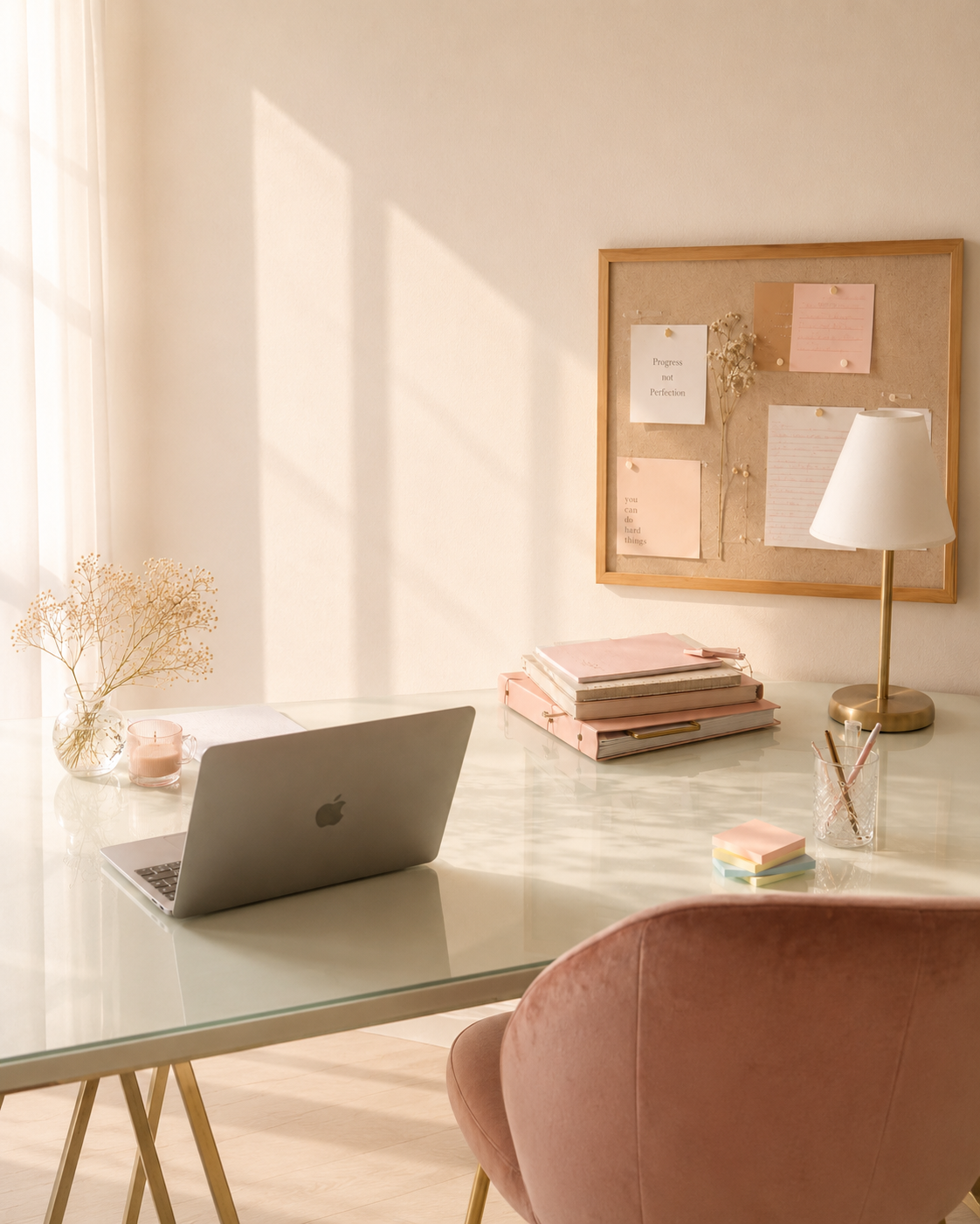 A tutoring desk with a student laptop, study notes, blush folders, lamp, supplies, and a lessons corkboard.
